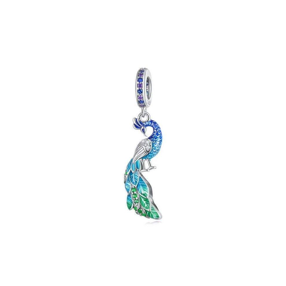S925 Sterling Silver  Blue Enchanting Peacock Dangle charm for women bracelet / Gift for woman
