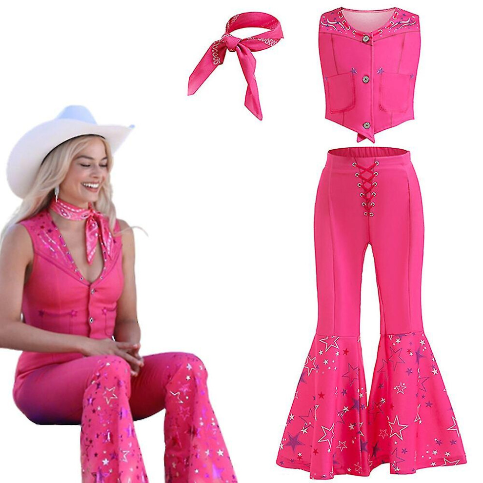 (Girls Barbie Costume Pink Vest Long Flared Pants Trousers With Scarf Movie Cosplay Outfits For Kids Halloween Carnival F) Girls Barbie Costume Pink V