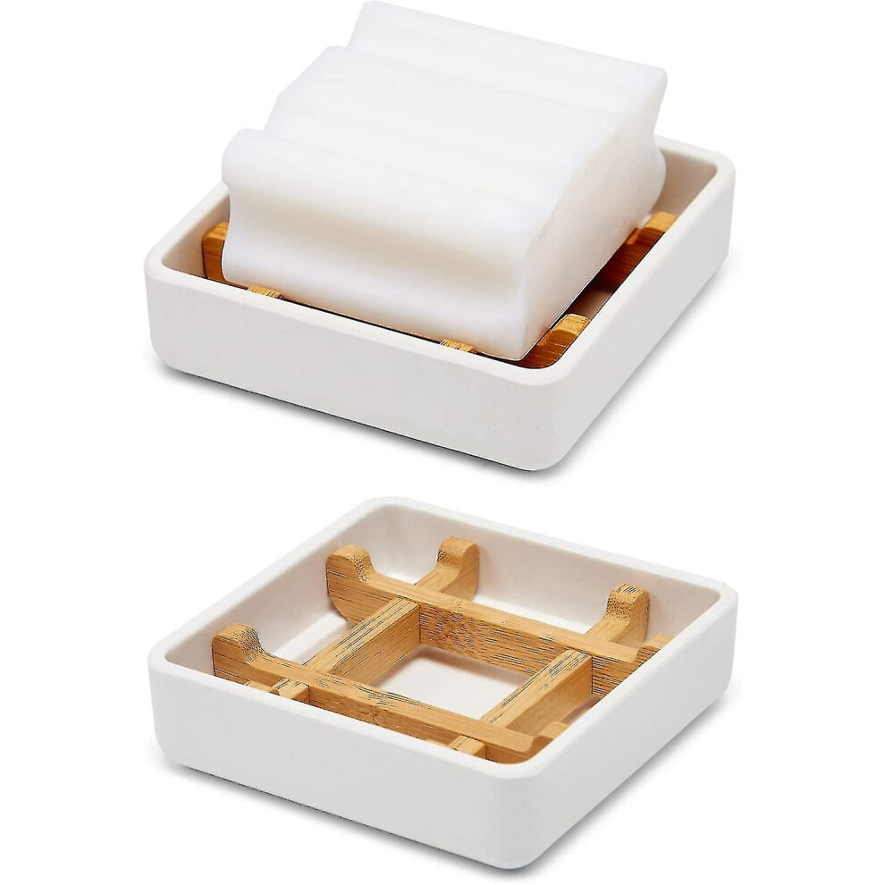 (, Right Angle) Soap Dishes For Bar Wooden Bamboo Square, Soap Holder With Drain For Bathroom Small Soap Dish Detachable White