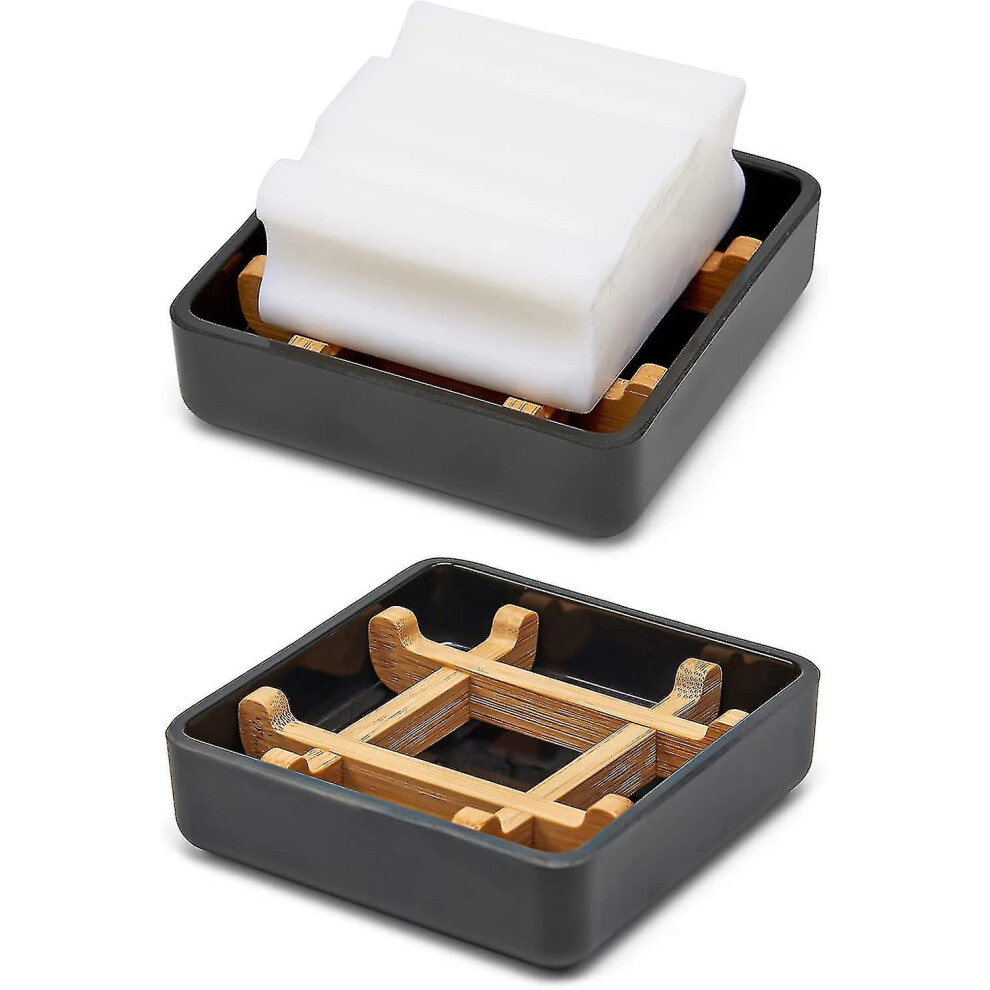 (, Rounded) Soap Dishes For Bar Wooden Bamboo Square, Soap Holder With Drain For Bathroom Small Soap Dish Detachable Black