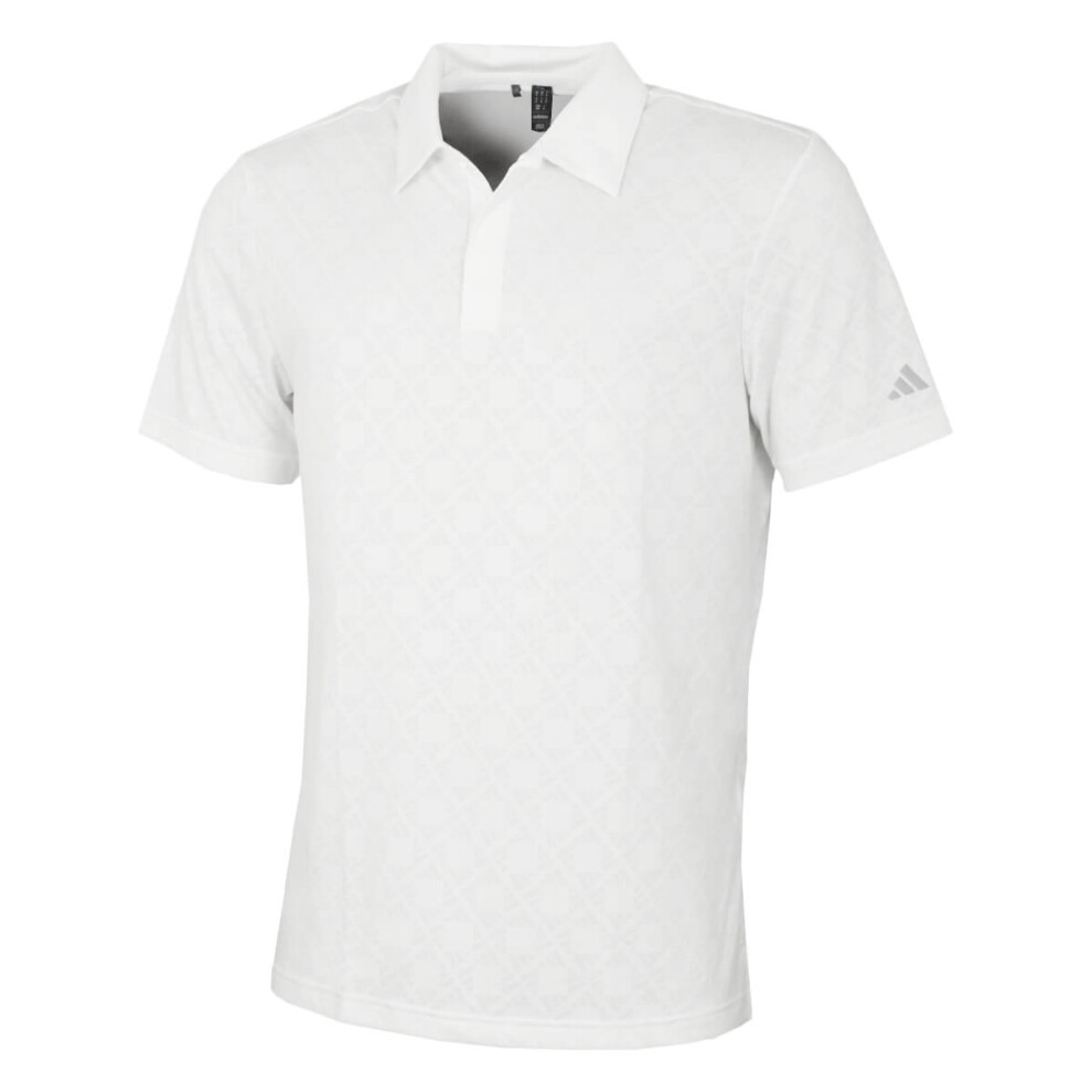 (L, White) adidas Golf Mens 2024 U365T HEAT.RDY UPF 50+ Jacquard 3 Button Polo Shirt