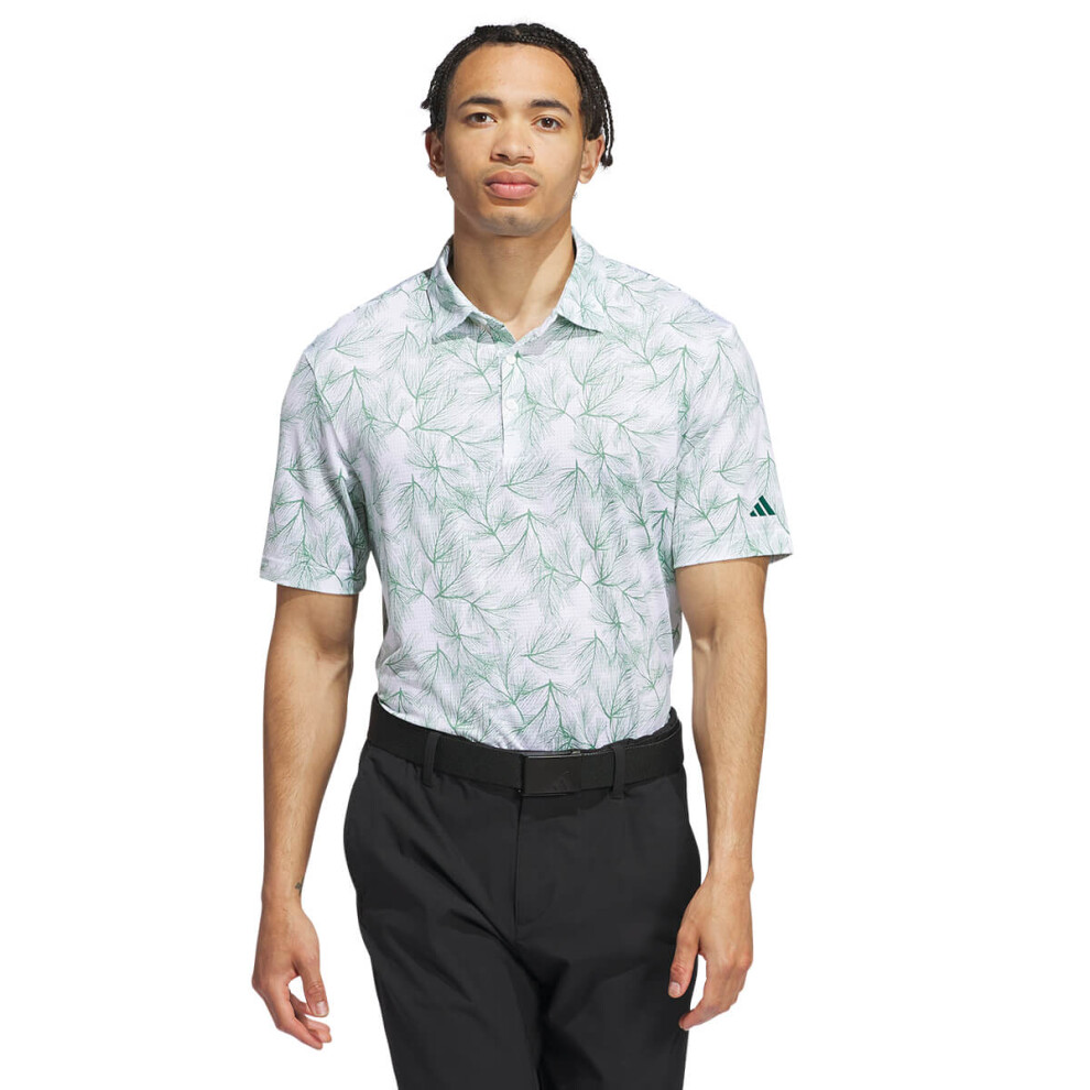 (XL, White/Preloved Green) adidas Golf Mens 2024 ULT365 Pine Print Sustainable Stretch Polo Shirt