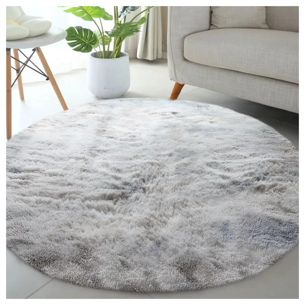 (120cm x 120cm_Circle Round Rug Circular Carpet, Tie Dye Light Grey) Non-Slip Grey Rugs Shaggy Area Rug Soft Carpet Mat