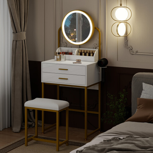 ELECWISH (Gold) Modern Dressing Table LED Mirror 2 Drawer Stool UK 2