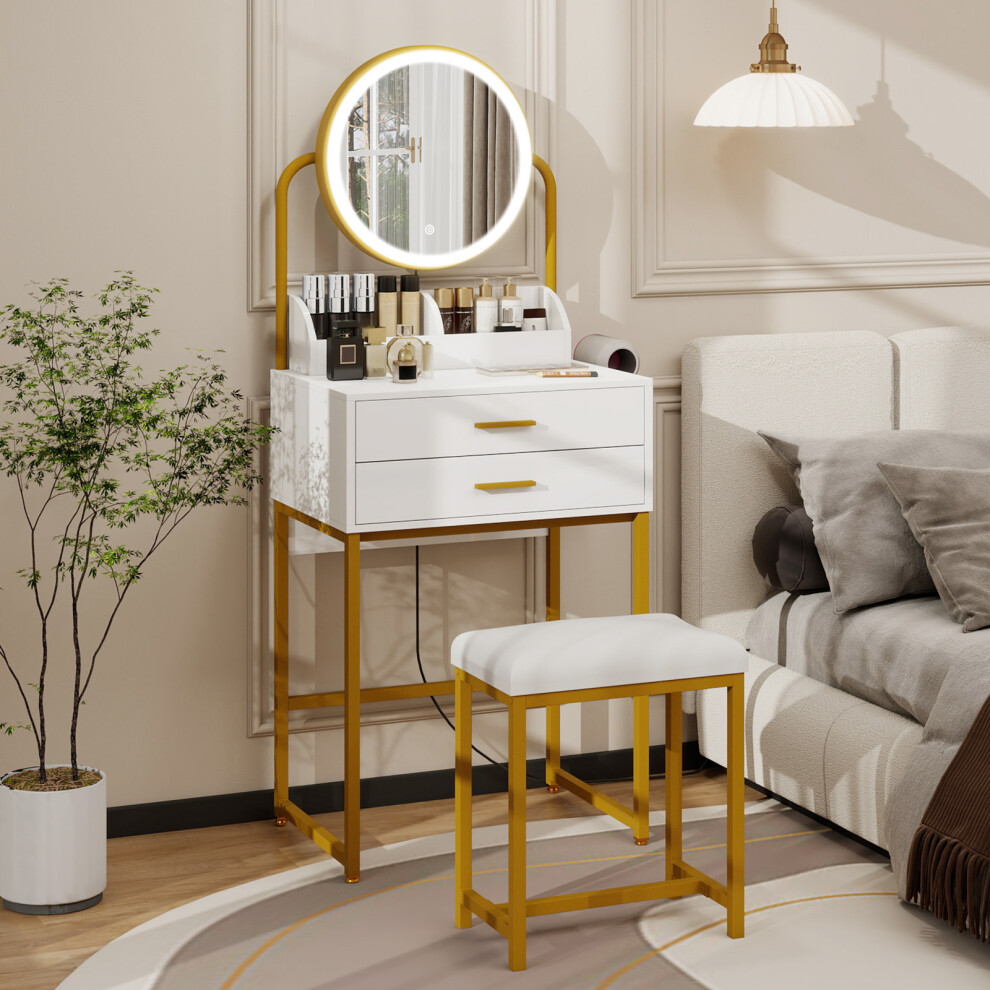 (Gold) Modern Dressing Table LED Mirror 2 Drawer Stool UK