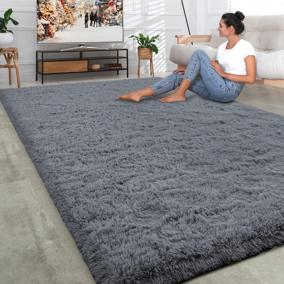 (200cm x 290cm_Extra Large Rugs For Living Room Bedroom Floor Area, Fluffy Grey) Non-Slip Grey Rugs Shaggy Area Rug Soft Carpet Mat