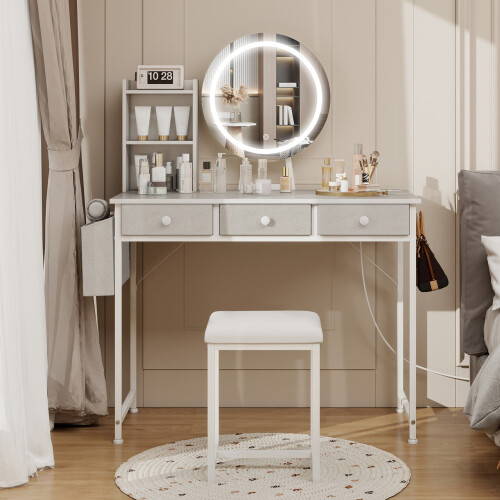 ELECWISH LED Lighted Dressing Table with Stool Set 3 Drawer Side Pocket Storage