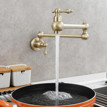 (Brushed Gold) Pot Filler Wall Mount Copper Faucet Pot Filler Faucet Rotatable Faucet Brass Kitchen Faucet 2 Handle Stretchable Double Joint Swing Arm Folding Faucet