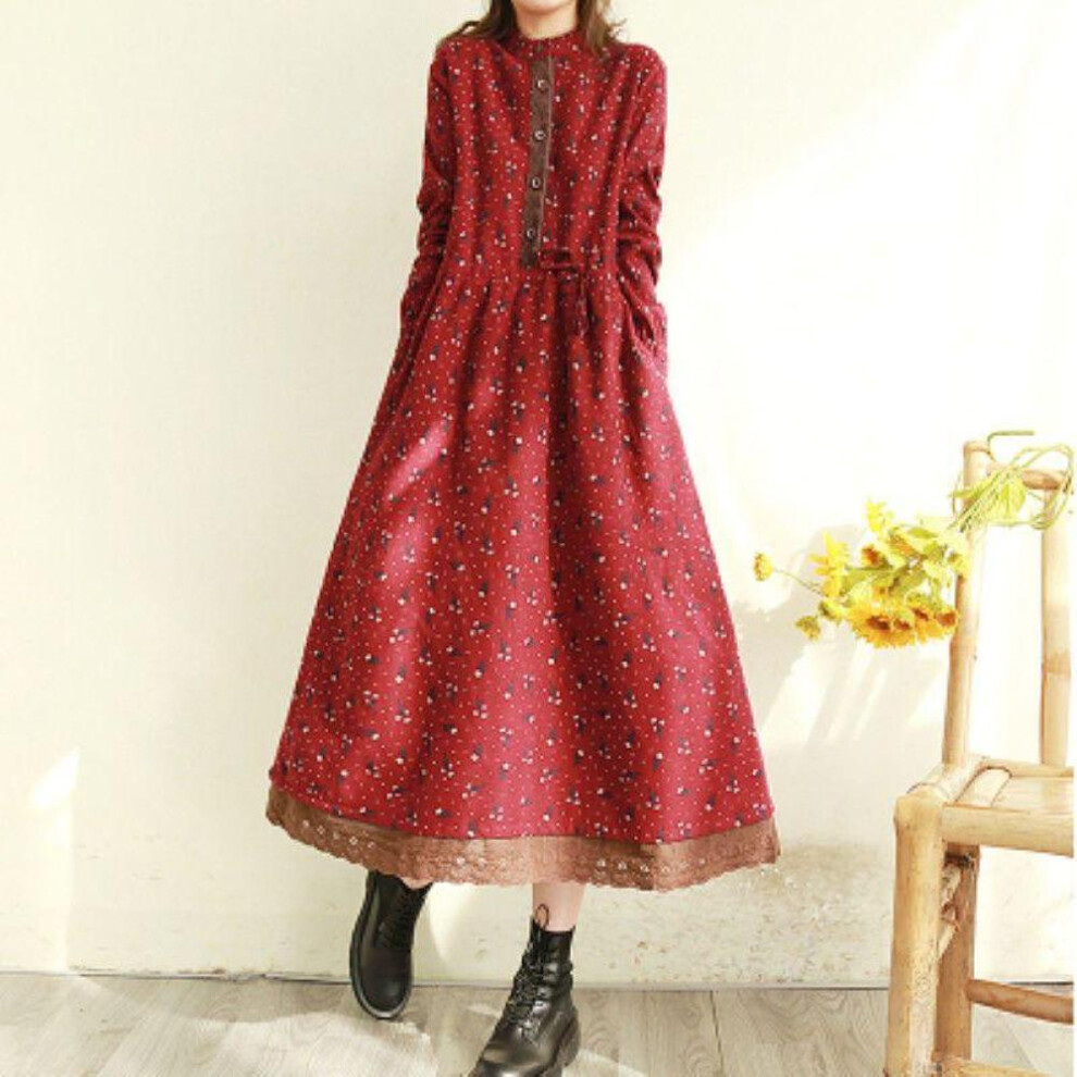 (red, XL) Cotton Linen Print Dress For Women Japanese Mori Girl Art Floral Dress Loose Long Sleeve Female Vintage Midi Dress