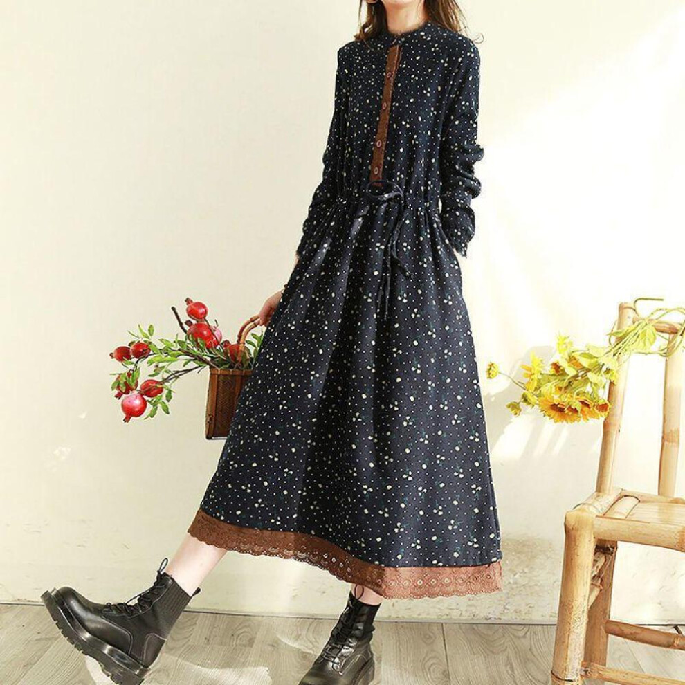 (navy blue, M) Cotton Linen Print Dress For Women Japanese Mori Girl Art Floral Dress Loose Long Sleeve Female Vintage Midi Dress