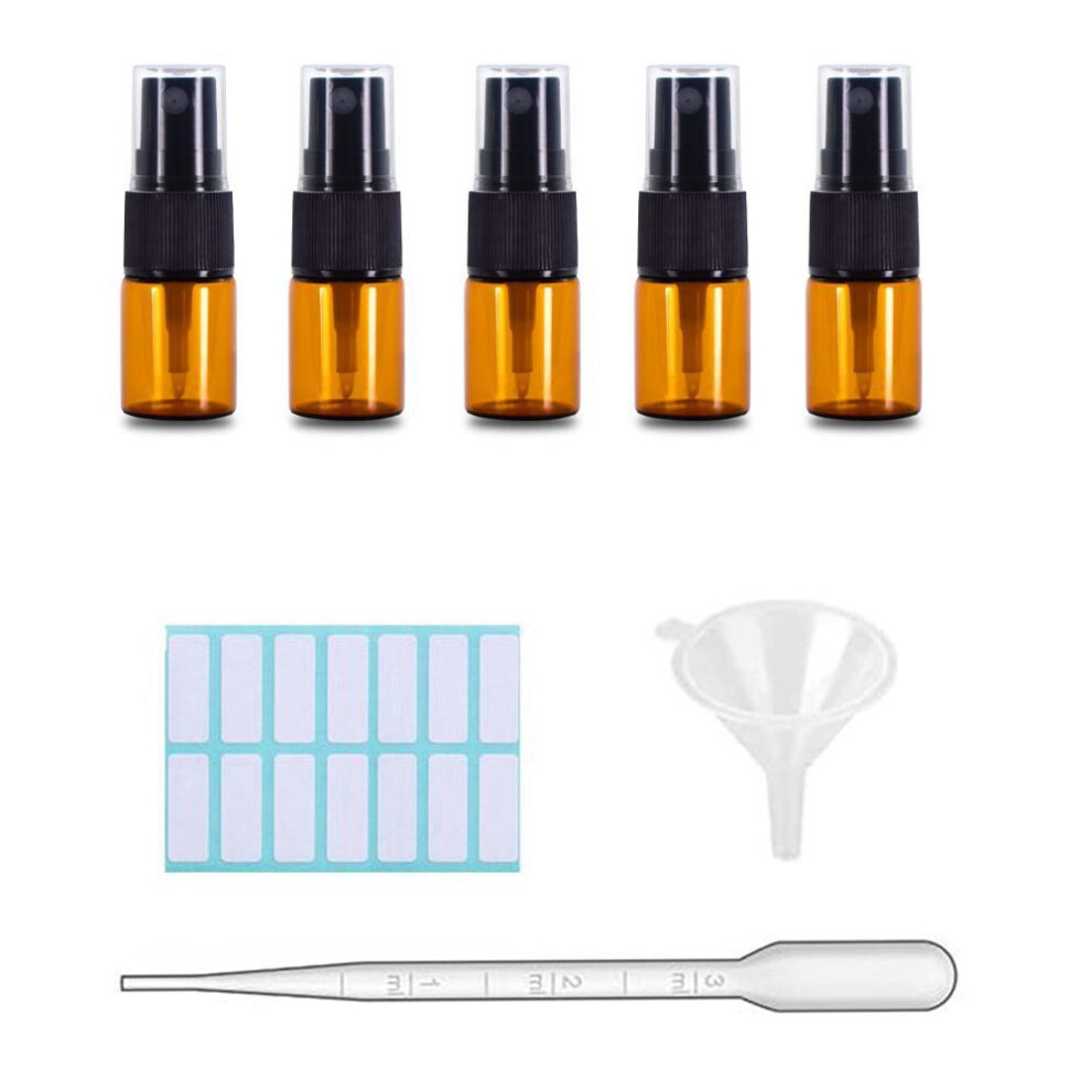(5ml 5pcs) 5/10 Pack Amber Glass Spray Bottles, Fine Mist Spray Bottles With Pipette Funnel Labels,travel Dispenser Bottles For Essential Oils Cleaning Skin Care