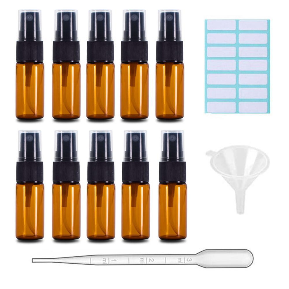 (10ml 10pcs) 5/10 Pack Amber Glass Spray Bottles, Fine Mist Spray Bottles With Pipette Funnel Labels,travel Dispenser Bottles For Essential Oils Cleaning Skin Care