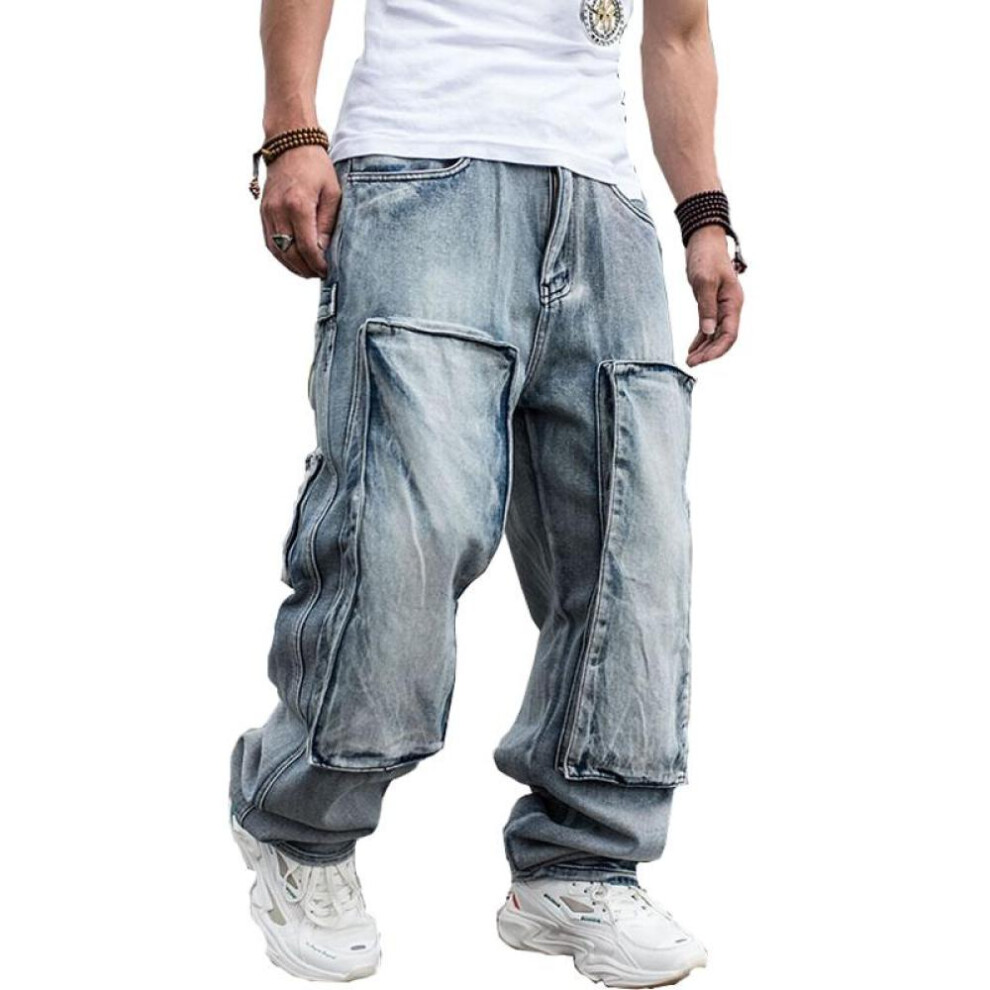 (blue, 32) Jeans For Men Men&apos;s Straight Denim Cargo Pants Biker Jeans Men Baggy Loose Blue Jeans