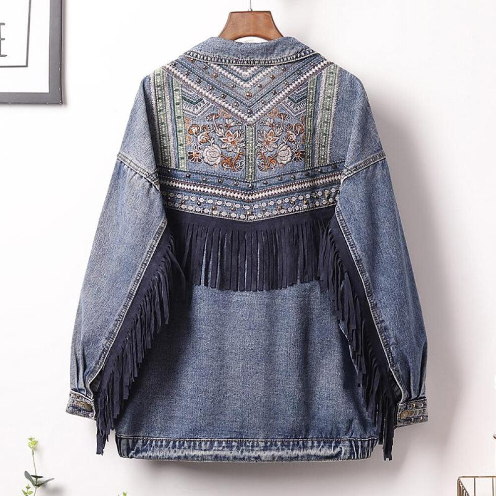 (blue, L) Denim Jacket Korean Floral Embroidery Suede Fringe Loose Coat Long Sleeve Outerwear Women Plus Size