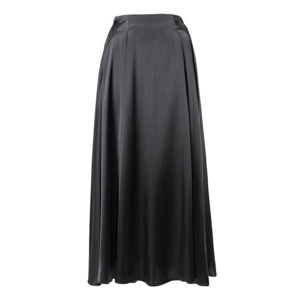(black, M) Women Summer Elegant High Waist Satin Solid Color Casual Ruffles A Line Skirt