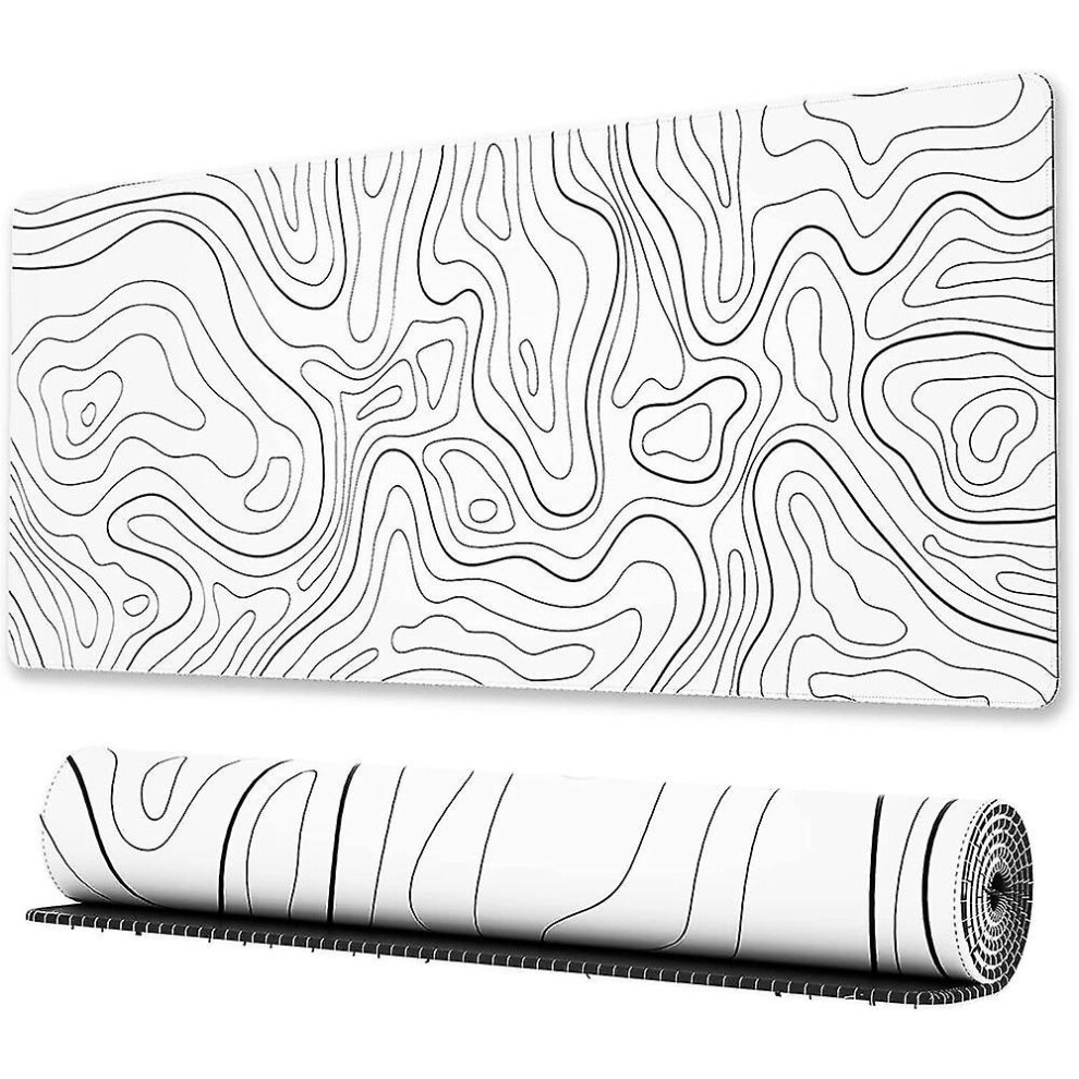 Large Gaming Mouse Pad With Stitched Edges, Minimalist Topographic Map Desk Mat, Extended Xl Mousepad With Anti-Slip Base, Cool Desk Pad For Keyboard White 7364071023225