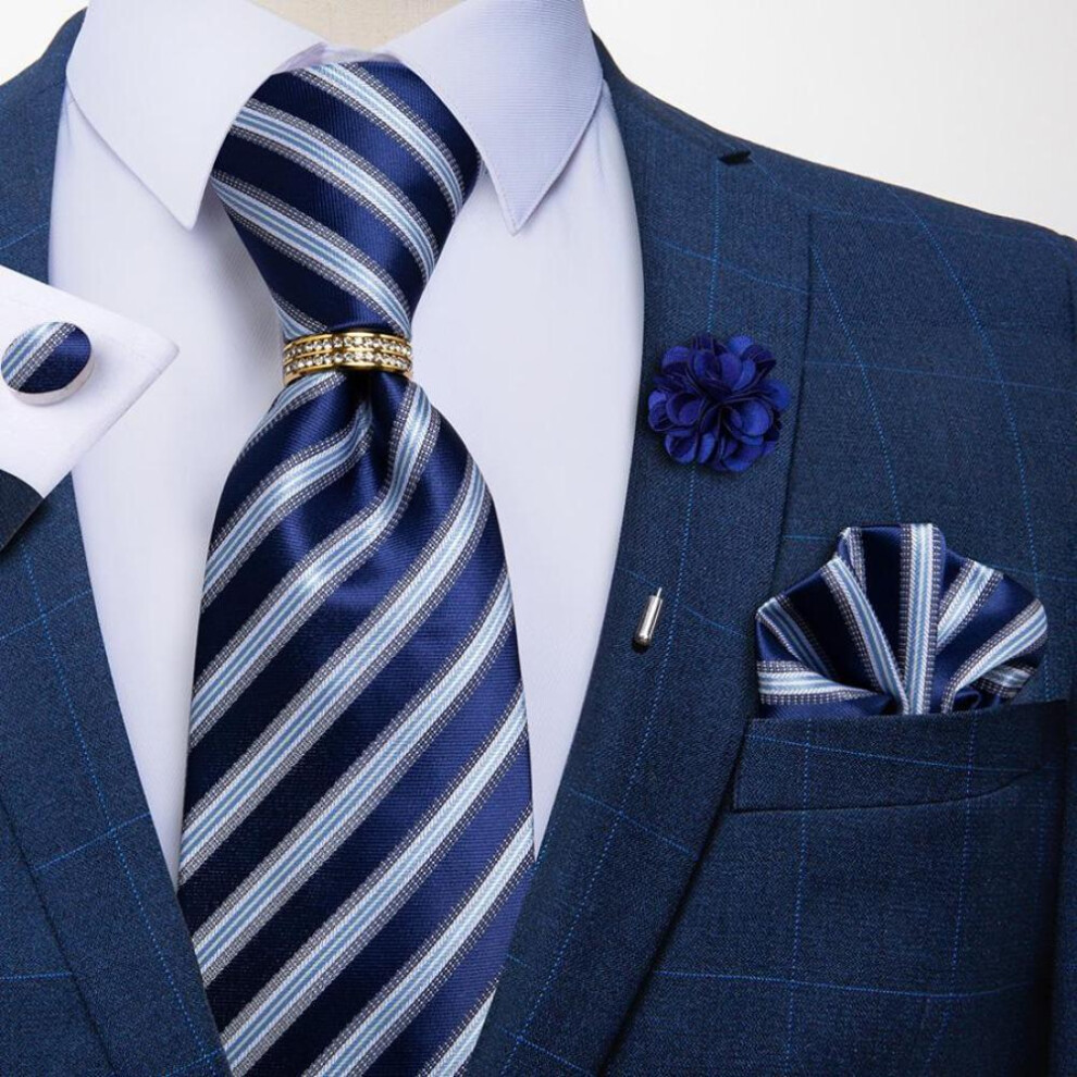 (as the picture, 7062-JZ03-XH0119) Formal Mens Necktie Set Tie Ring Navy Blue Paisley Ties Silk Hanky Cufflinks Boutonniere Set