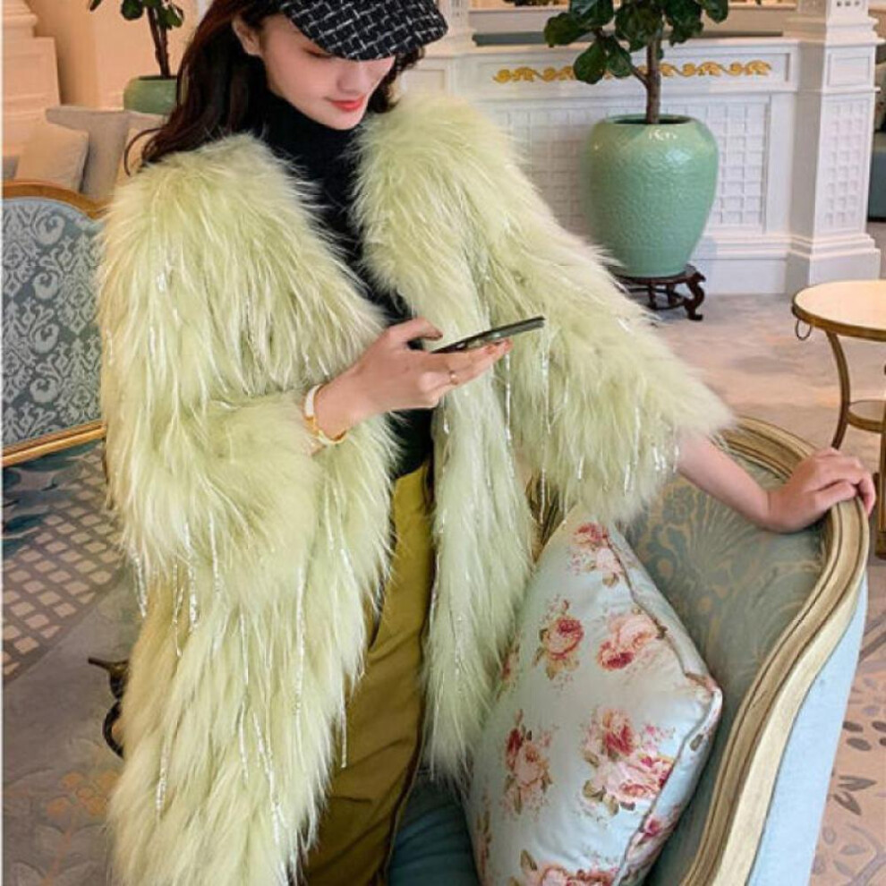 (green, L) Tassel Raccoon Fur Woven Rhinestone Faux Fur Coat Women&apos;s Mid-length Autumn Winter New Faux Fox Fur Coat