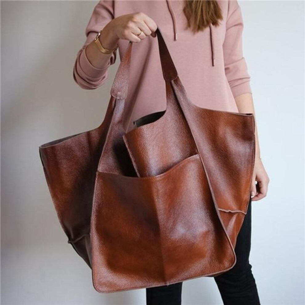 (brown) Retro Large Capacity Tote Women Handbags Aged Pu Leather Shoulder Bag Casual Soft  Shopper Purses