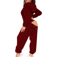 (Wine, Large) Sexy Adult Onesie Pajamas For Women Butt Flap Fleece Hooded One Piece Pajamas Womens Fluffy Sleepwear,black Friday