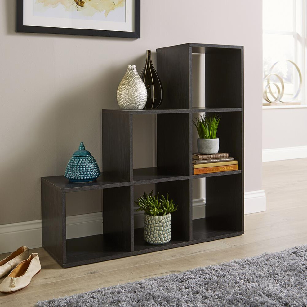 Cube Storage 6 Shelf Bookcase Wooden Display Staircase Unit Black