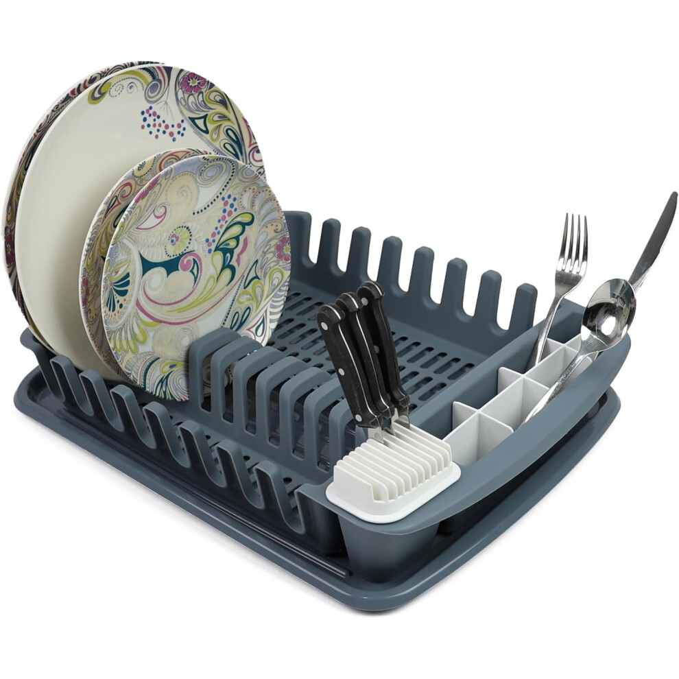(Sly Blue) Dish Drainer Plastic Rack Perfect Utensil Holder