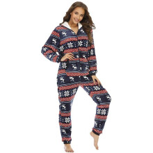 (M) Women's Christmas One Piece Long Loose Pajamas With Hood Colorful Adult Casual Printed Santa Cozy Jumpsuits