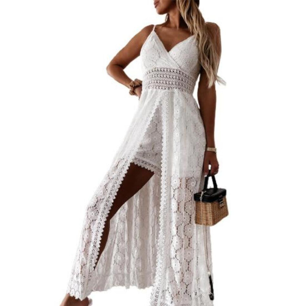 (white, XL) Beach Dress Hollow Out Lace Summer V Neck Long Dress Shorts Playsuit For Beach