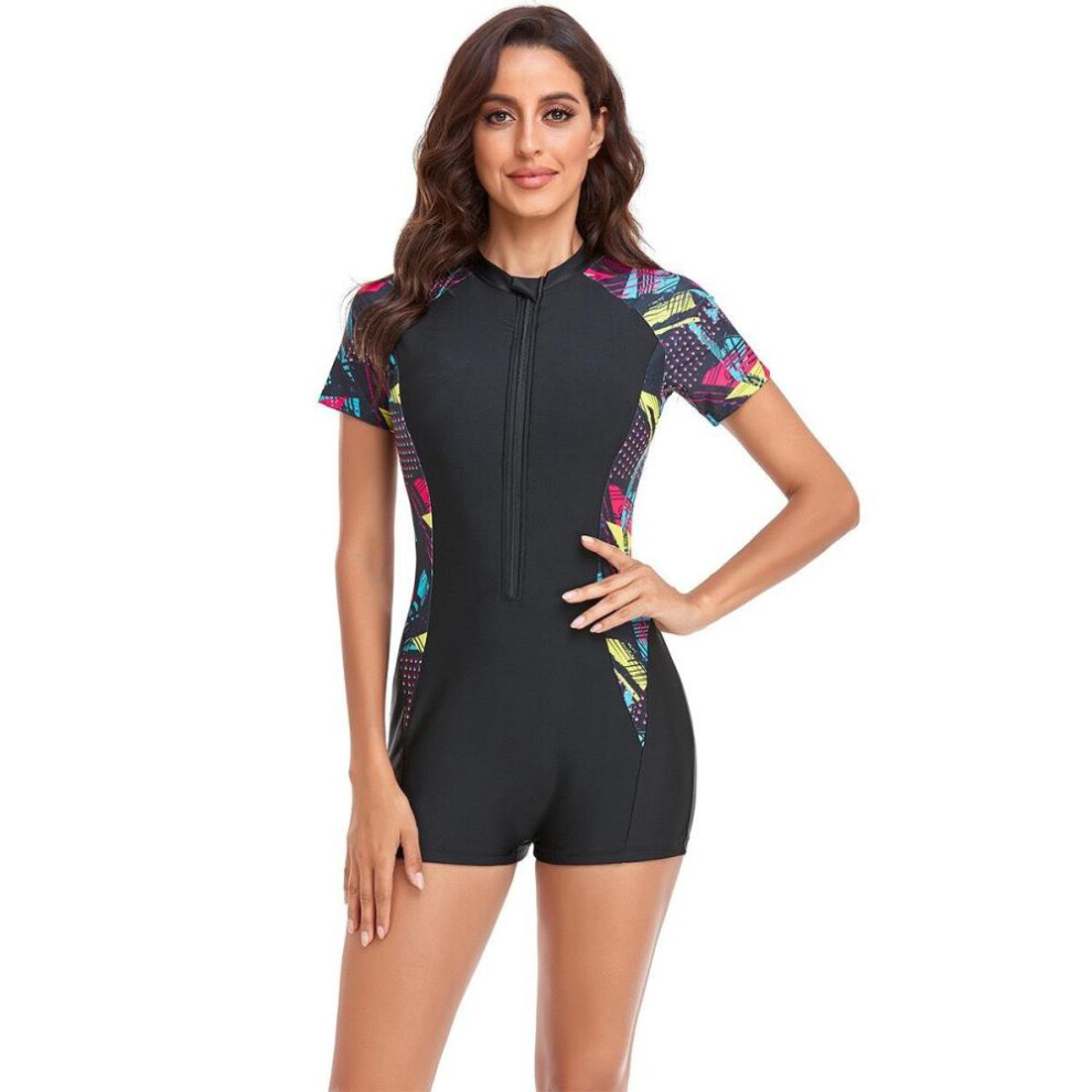 (black, S) Charmleaks Womens One-piece Swimsuit Wetsuit Swimsuit Conservative Short-sleeved Zipper Boxers