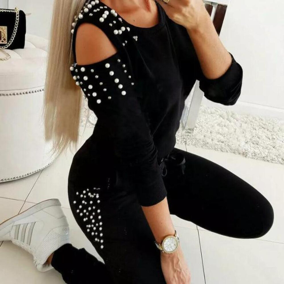 (black, S) Women Ladies Tracksuit Cold Shouder Tops High Waist Bandage Fashion Pants 2pcs Set Lounge Wear Casual Suit