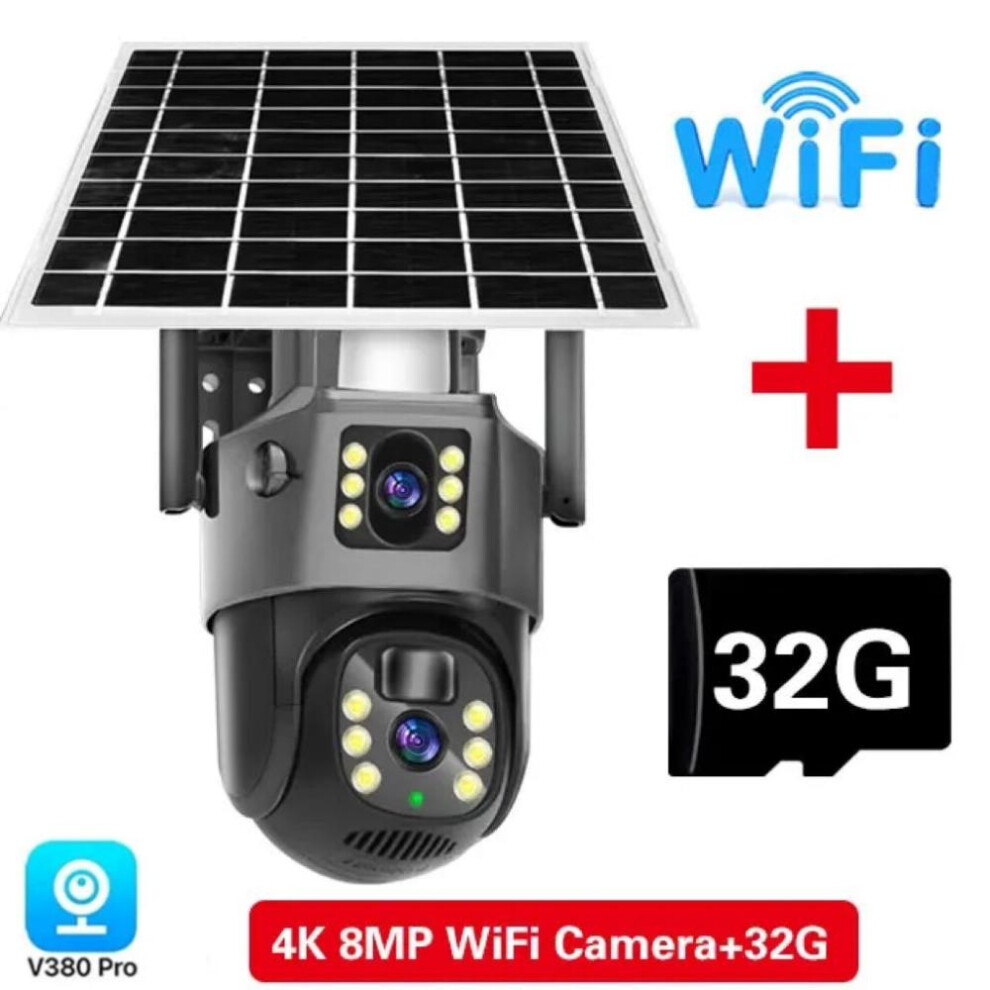 (WiFi Add 32G) Wifi Solar Battery Camera 4k 8mp 4g Sim Card V380 Dual Lens Dual Screen Outdoor Security Protection Ptz Cam Pir Human Detection Cctv
