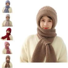 (khaki) Integrated Ear Protection Windproof Cap Scarf,2 In 1 Winter Warm Knitted Hat Scarf,thickening Beanie Hat Scarf