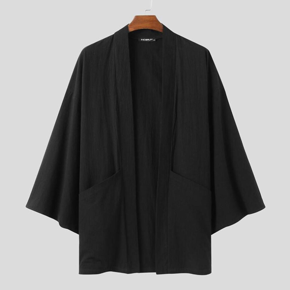 (black, M) Incerun Japanese Kimono Men&apos;s Loose Batwing Sleeve Front Open Cape Cardigan Poncho Coats Tops
