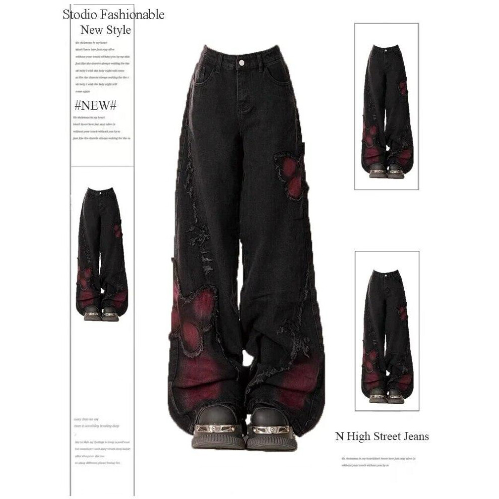 (black, M) Women&apos;s Black Gothic Baggy Jeans Harajuku Y2k Aesthetic Butterfly Denim Trousers Korean Jean Pants Vintage 2000s Trashy Clothes