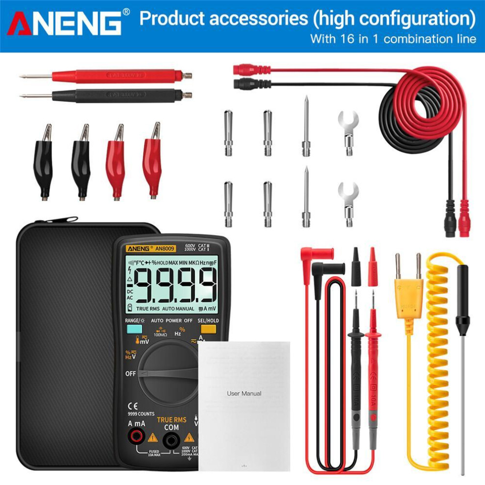 (black, Pro) Aneng An8009 Digital Multimeter Transistor Testers Capacitor True-rms Tester Automotive Electrical Capacitance Meter Temp Diode