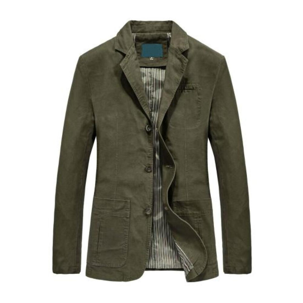 (army green, L) Men Fall Spring Jacket Solid Color Long Sleeve Lapel Loose Single-breasted Multi Pockets Buttons Suit Jacket Fall Spring Coat