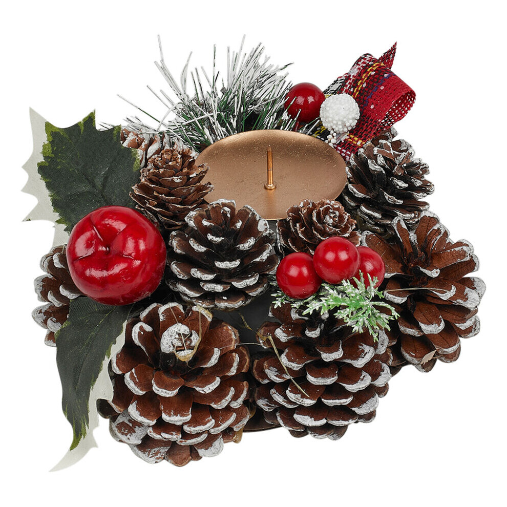 (15cm - 1 Candle) Christmas Wreath Candle Holder with Pinecones & Berries Decor