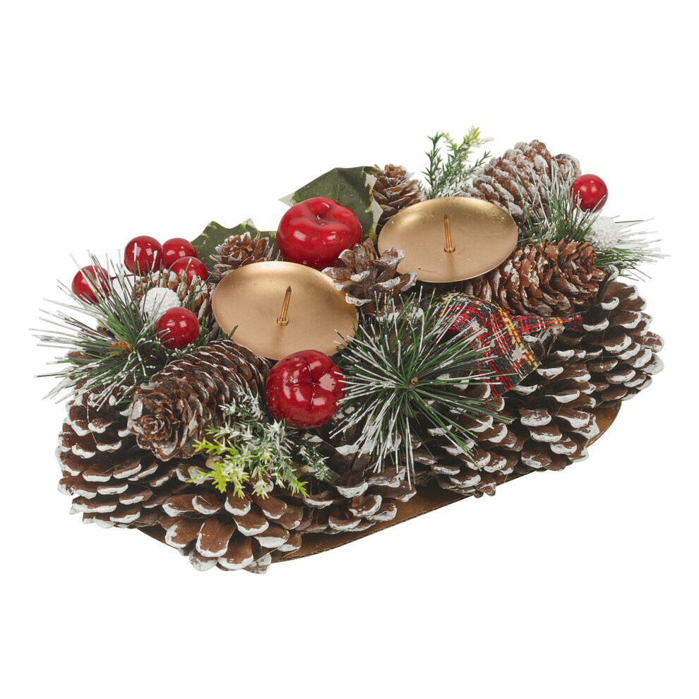 Urbn Living (26Cm - 2 Candles) Christmas Wreath Candle Holder With Pinecones & Berries Decor