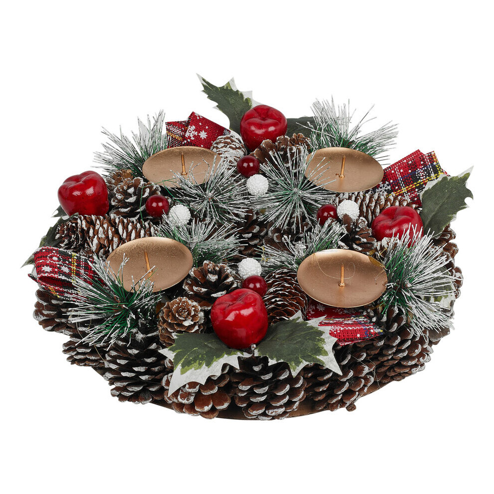 (27cm - 4 Candles) Christmas Wreath Candle Holder with Pinecones & Berries Decor