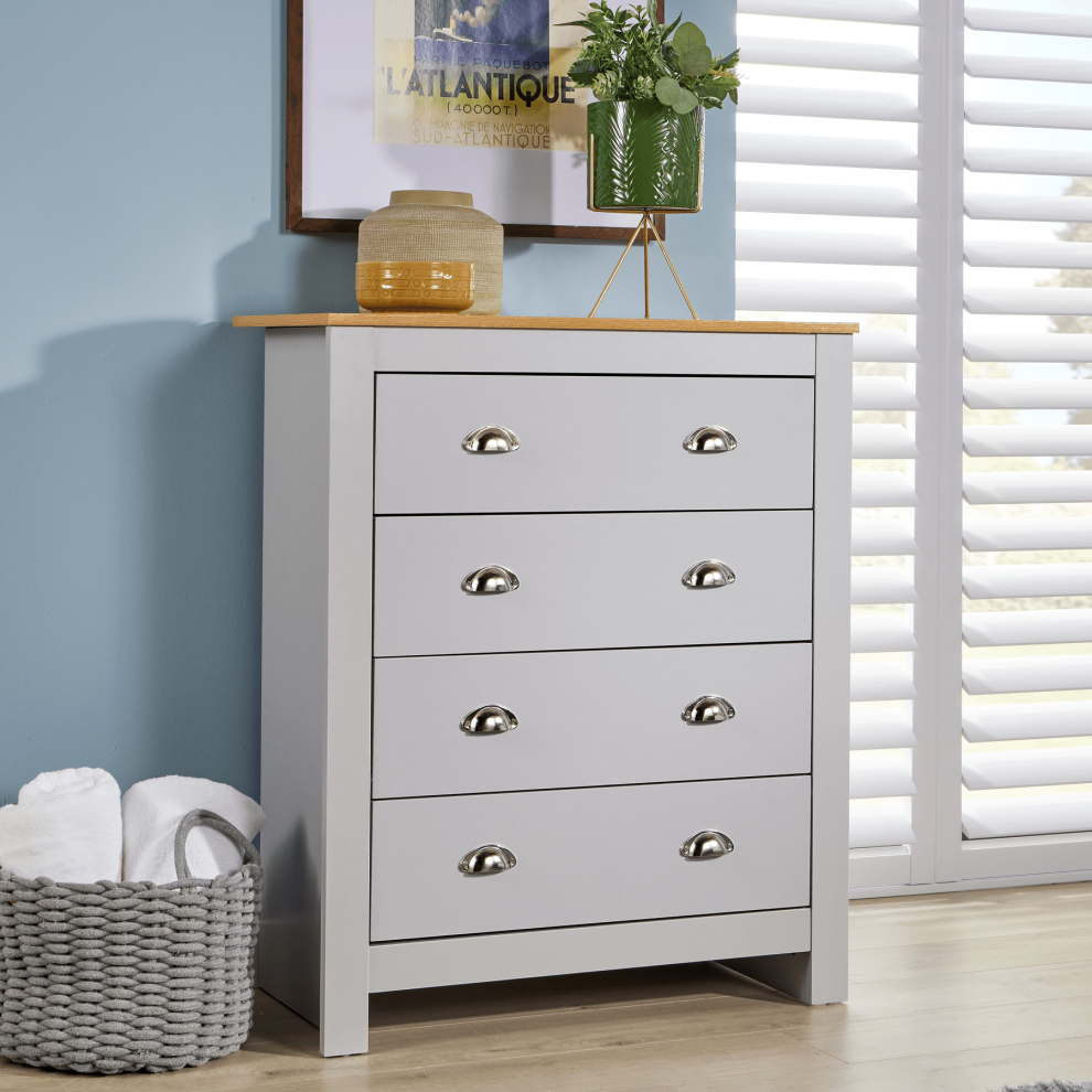 (Grey) Chest Of 4 Drawers Bedroom Furniture Oak Top