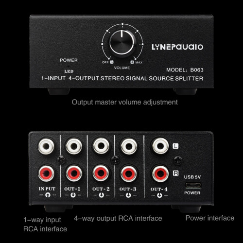 1 in 4 Out Stereo Signal Source Splitter Audio Frequency Signal Distribute Device Non Consumption Output RCA Interface 1