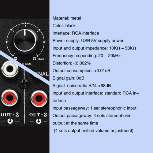 1 in 4 Out Stereo Signal Source Splitter Audio Frequency Signal Distribute Device Non Consumption Output RCA Interface 2