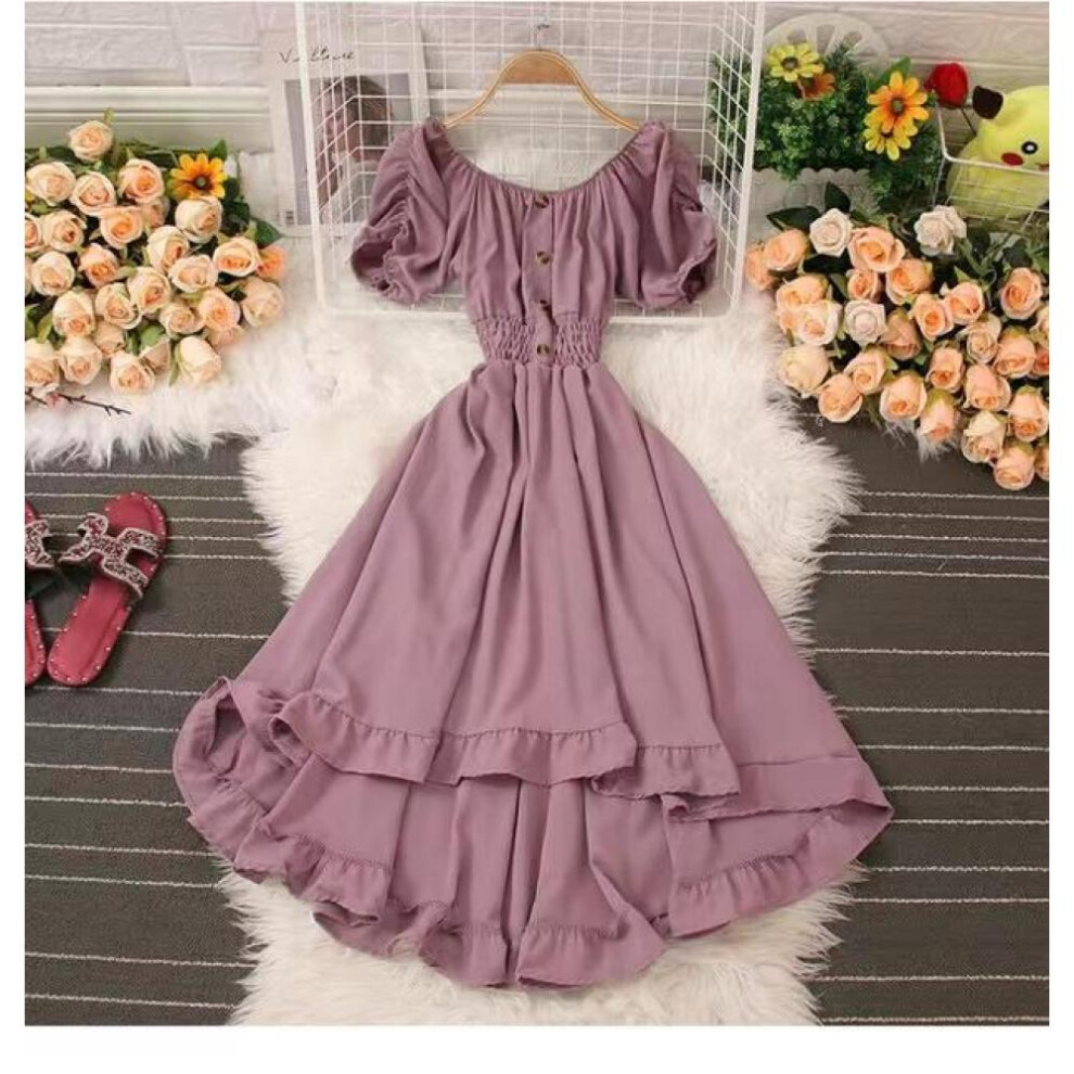 (purple, One Size) Solid Red Summer Woman Dress Off Shoulder Sheath Korean Casual Dresses For Women Pleated Puff Sleeves Long Puff Vestidos 2021