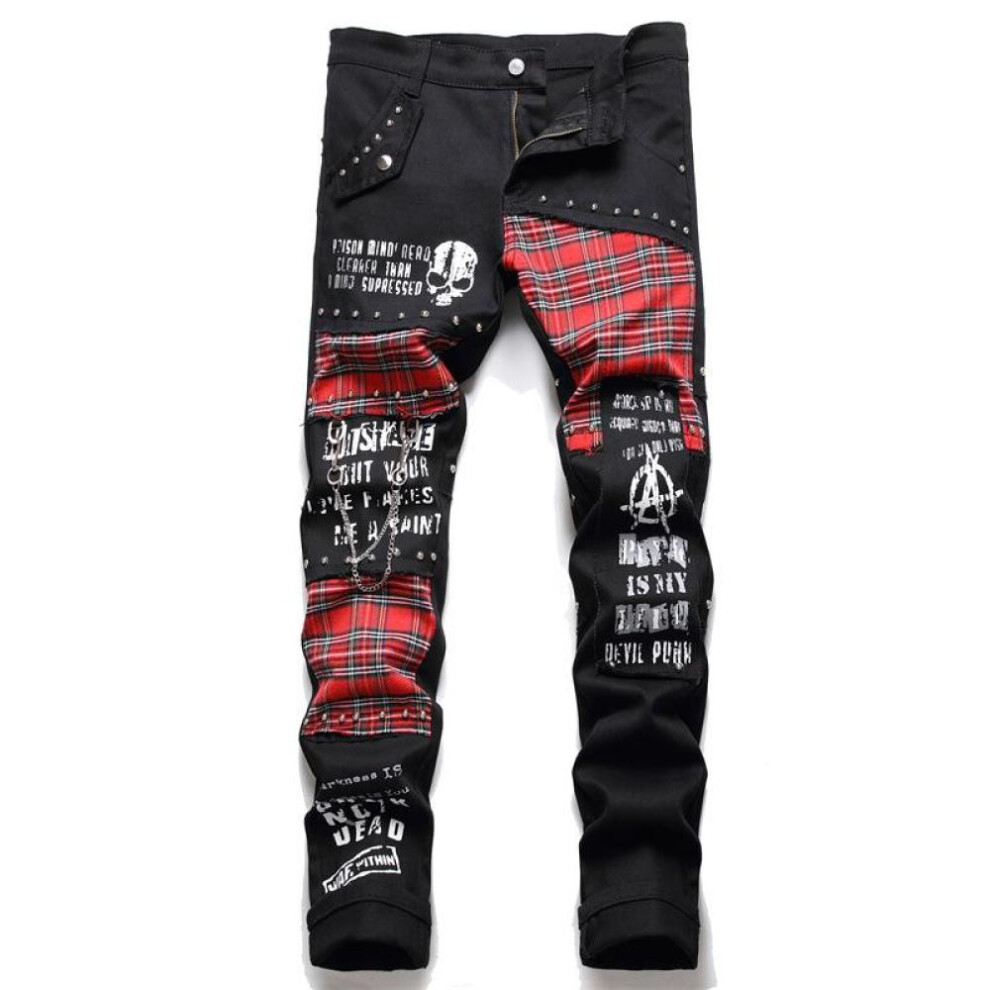 (black, 3XL) Fashion Red Plaid Patchwork Punk Rivet Men Slim Jeans Trousers Skull Letters Print Hip Hop Chain Denim Pants