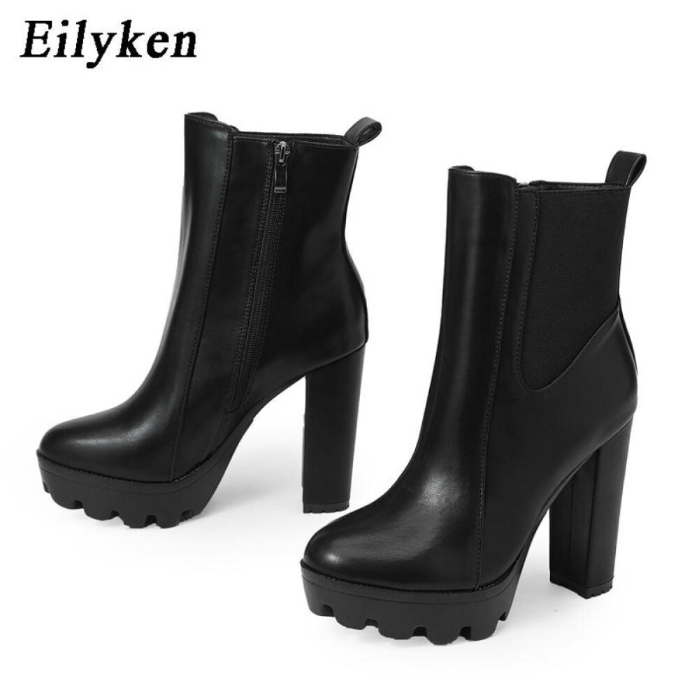 (black, 39) Eilyken New Fashion Platform Chunky High Heels Women Ankle Boots Concise Zipper Soft Leather Short Booties Designer Shoes
