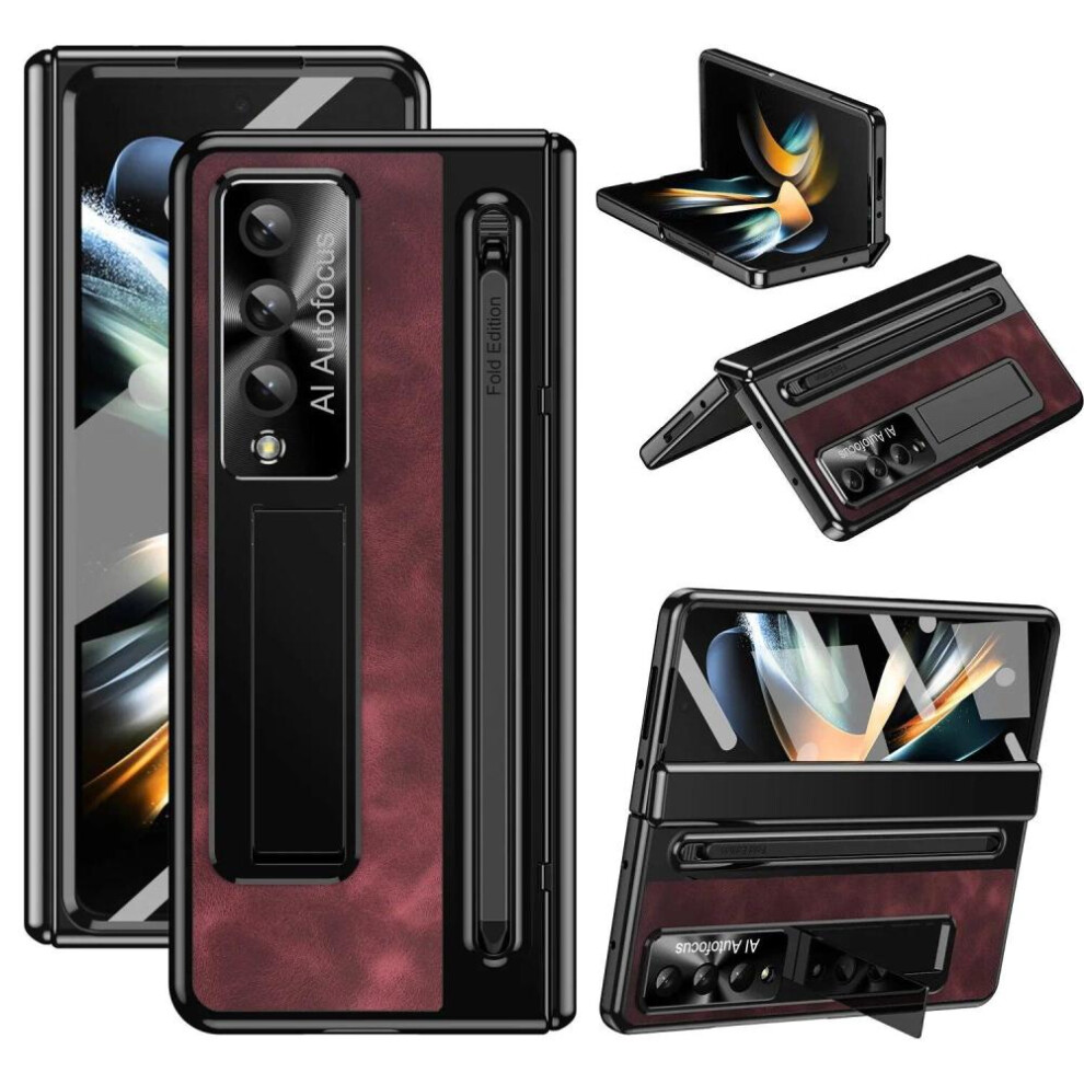 (wine red, For Galaxy Z Fold 5) Leather Bracket Pen Slot With Stylus Case For Samsung Galaxy Z Fold 5 4 5g Glass Screen Hinge Protection Cover For Z Fold5 Fold4