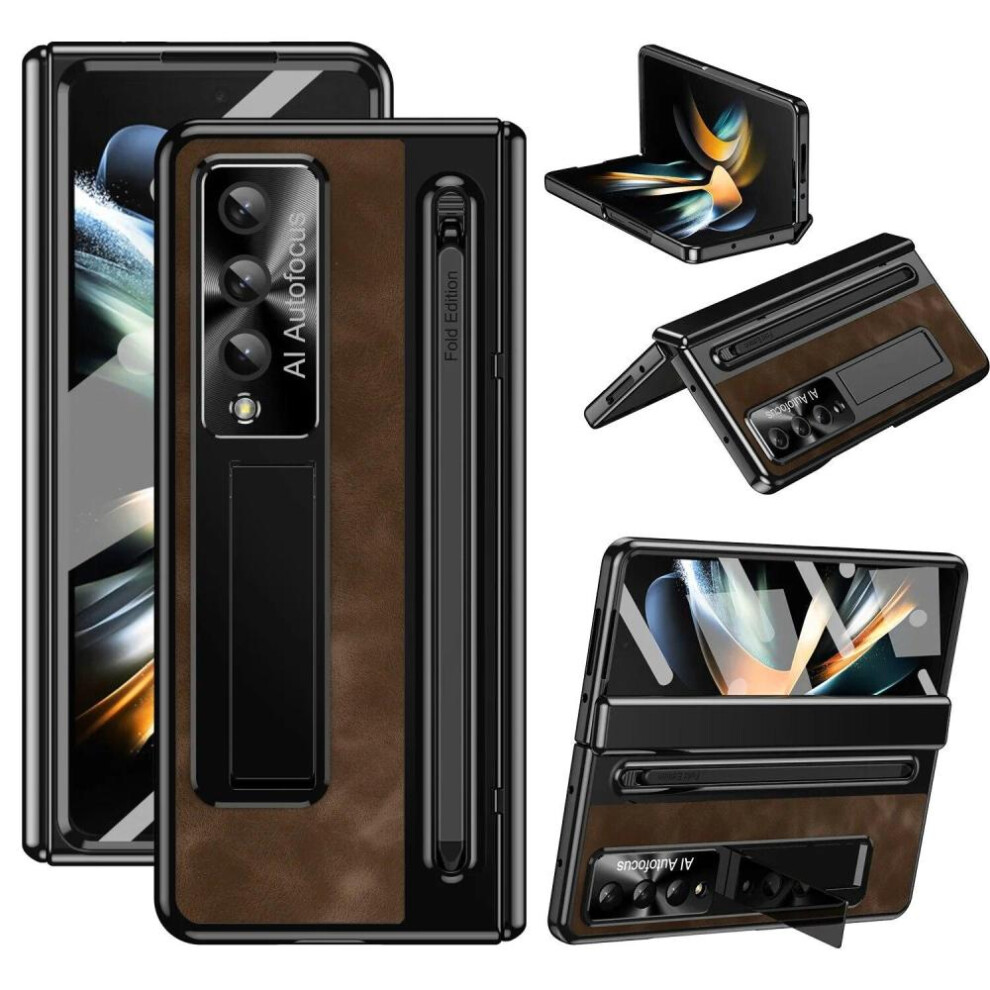 (coffee, For Galaxy Z Fold 5) Leather Bracket Pen Slot With Stylus Case For Samsung Galaxy Z Fold 5 4 5g Glass Screen Hinge Protection Cover For Z Fold5 Fold4