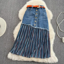 (blue, L) Design Sense Draped and Versatile Chiffon Pleated Stitched Denim Skirt in Spring, Thin and Irregular Medium Length A-line Skirt