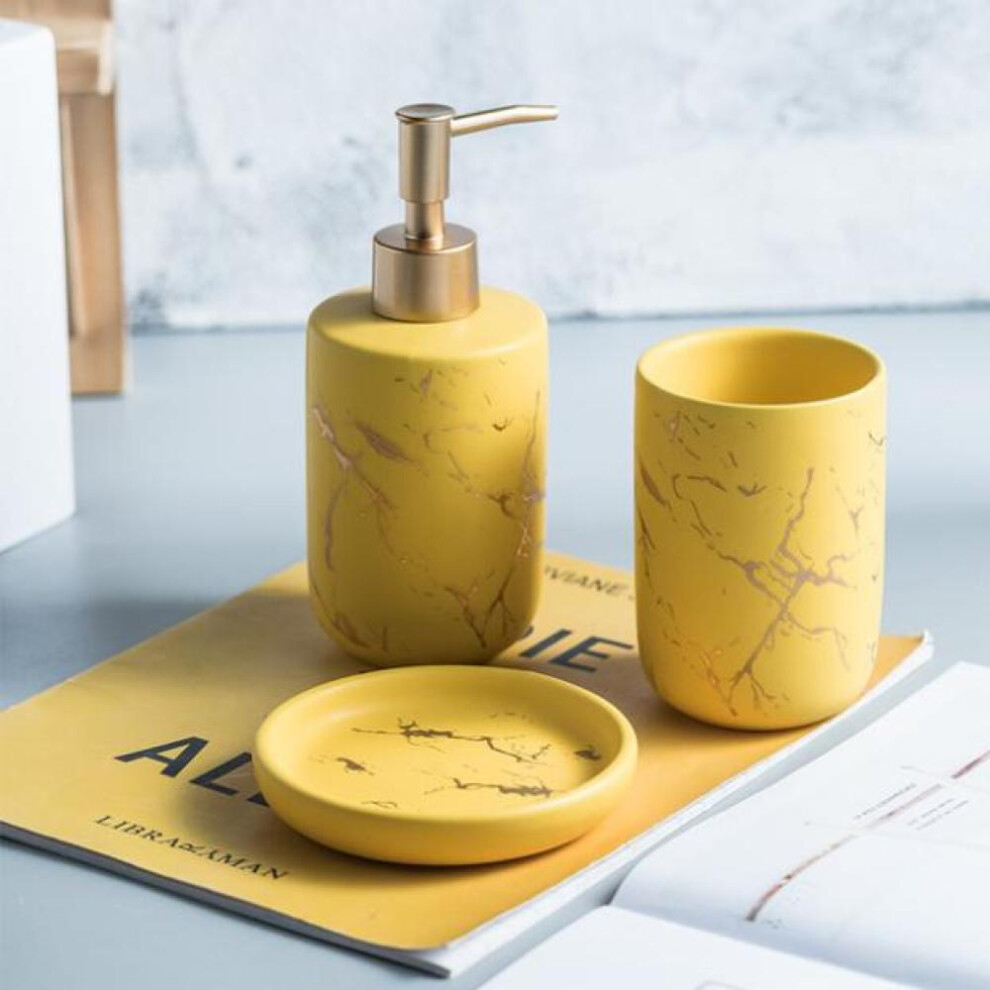 (yellow, 3pcs) Scandinavian Bathroom Accessories Set Marble Toothbrush Cup With Two Rinse Cups Soap Dish And Lotion Dispenser Set