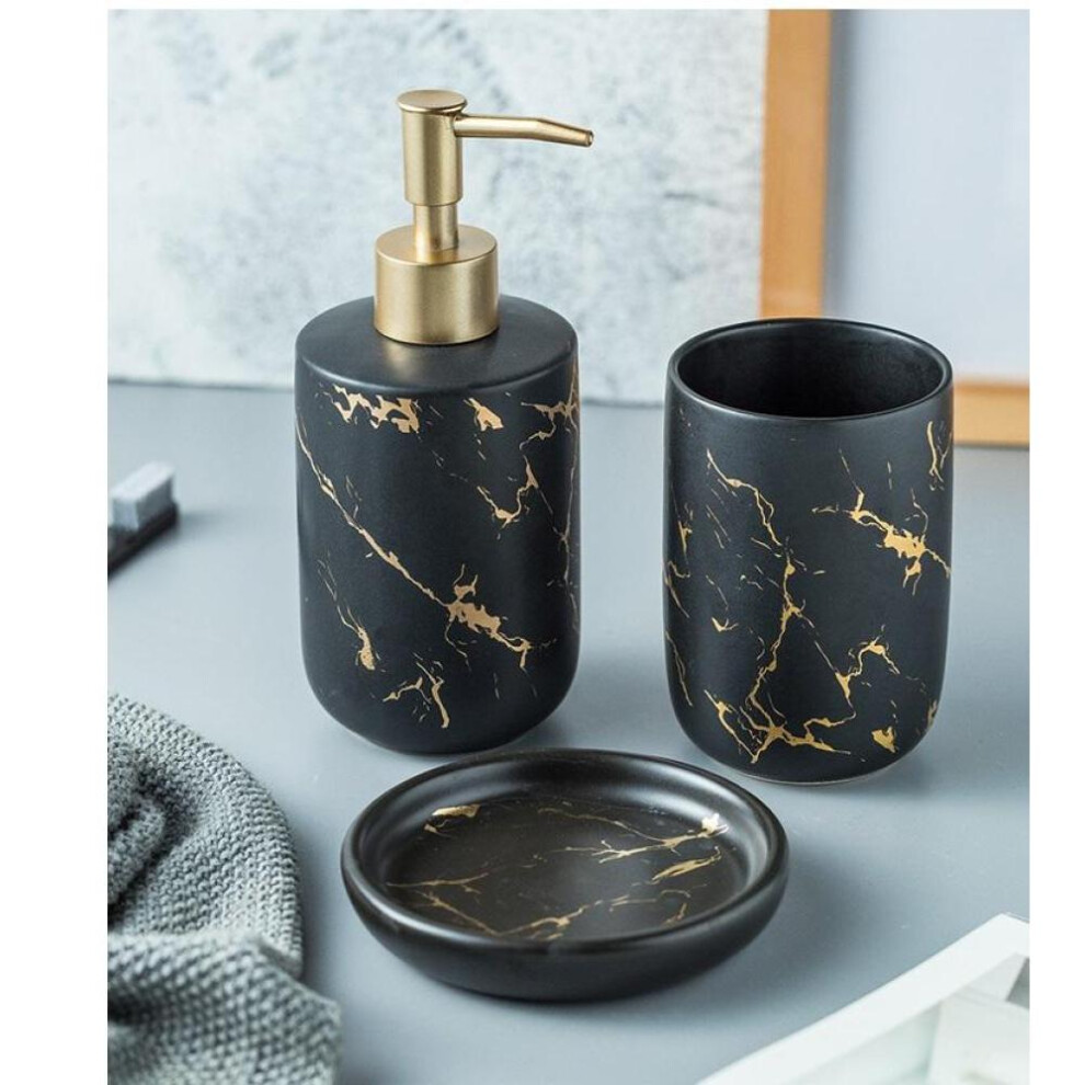 (black, 3pcs) Scandinavian Bathroom Accessories Set Marble Toothbrush Cup With Two Rinse Cups Soap Dish And Lotion Dispenser Set
